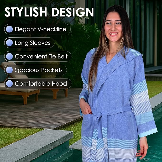 ATANI 100% Turkish Cotton Bathrobe S-XXL for Women & Men – Peshtemal Style Soft Cozy Lounge Robe, Absorbent & Lightweight