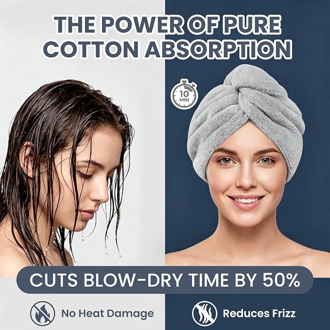 Mandydov 100% Cotton Hair Towel Wrap for Women, 2 Pack Thickened & Super Absorbent Turbans, Anti Frizz Quick Dry Hair Towels (White, Gray)