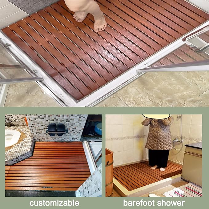Bamboo Bath Mat for Bathroom Rectangular Wooden Shower Mat Red Walnut Color Home Spa Duckboard (60x120cm)
