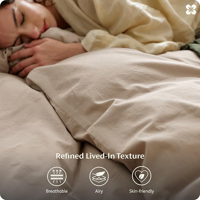 Bedsure Duvet Cover Queen Size - 100% Washed Cotton, Linen-Like Minimalist Bedding - PureWoven Plain Soft Comforter Cover for All Seasons, 1 Duvet Cover Only (Frosted Almond, 90" x 90")