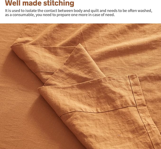 BISELINA Linen Sheet French Flax Flat Sheet Only 55% Euro Linen 45% Cotton Basic Style Solid Color Soft Breathable Farmhouse Top Sheet 1-Piece (Full, Rust)