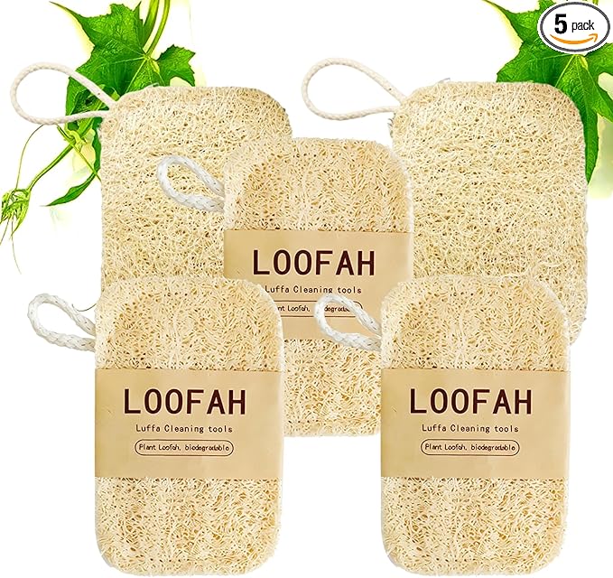 5 Pcs Natural Loofah Dish Sponge, 4.3" Heavy Duty Scrub Sponge,100% Biodegradable Luffa Sponge for Kitchen, Multi-Layer Thickening Sturdy and Durable, Natural Dish Scrubber