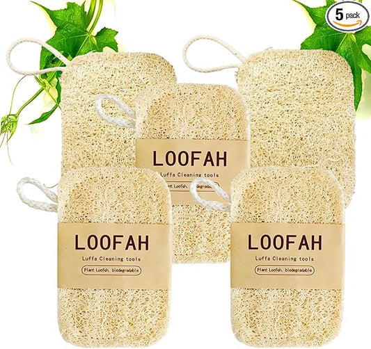 5 Pcs Natural Loofah Dish Sponge, 4.3" Heavy Duty Scrub Sponge,100% Biodegradable Luffa Sponge for Kitchen, Multi-Layer Thickening Sturdy and Durable, Natural Dish Scrubber