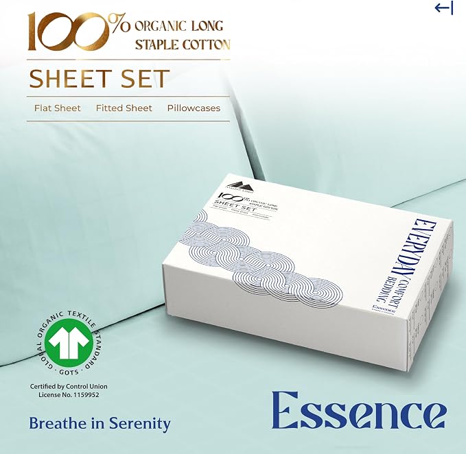 Mayfair Linen 100% Organic Cotton Sheets California King Size - 4 PC Organic Cotton Cal King Size Percale Weave Sheet Set, Soft, Cooling & Crisp, 16" Deep Pocket Hotel Quality Bedding Set - Sea Foam