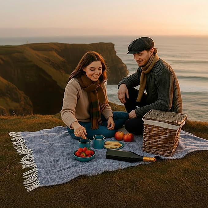 Biddy Murphy Irish Merino and Cashmere Wool Throw Blanket, Made in Ireland, Heirloom Quality, 54" x 71", Denim and Cream Herringbone Pattern