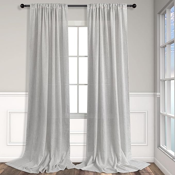 Light Grey Curtains 96 Inches Long for Living Room 2 Panels Back Tab Pocket Airy Flowy Lightweight Semi Sheer Linen Gray Curtains for Boys Bedroom Dining Country Chic Decoration 52x96 Inch Length 8 FT