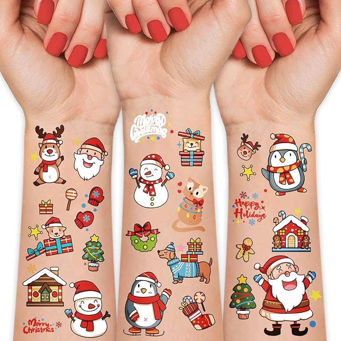36 Sheets Christmas Temporary Tattoos, Snowman Penguin Elk Santa Tattoos for Christmas Stocking Stuffers & Gifts Party Favors for Kids, Waterproof Available for 2-3 Days, Makeup Remover Water Washable