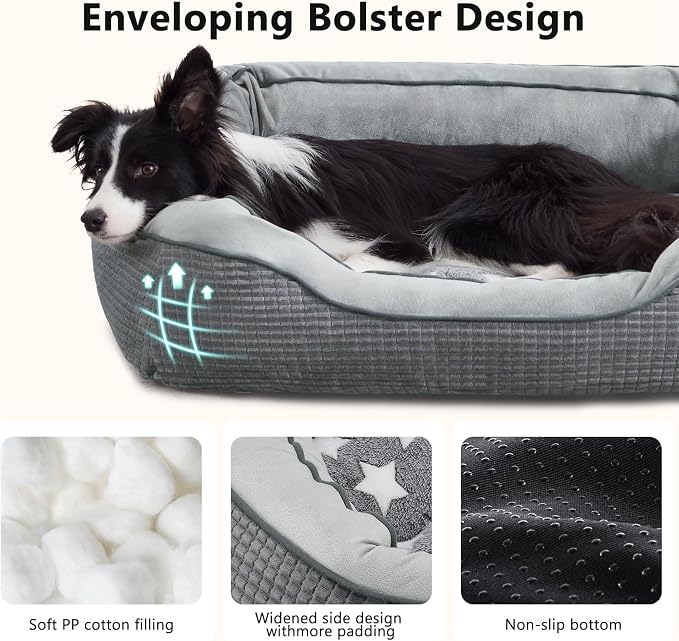Dog Beds for Small Medium Large Dogs & Cats. Washable Pet Bed, Orthopedic Dog Sofa Bed, Soft Calming Sleeping Warming Puppy Bed (Star-Grey, Large-(30’’x 24’’x 9’’))