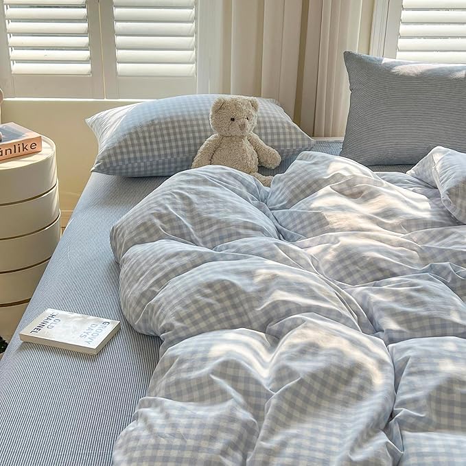 mixinni Light Blue Gingham Duvet Cover Set Queen Size - 100% Washed Cotton 3 Piece Plaid Checkered Bedding Set, Soft Comfy Grid Farmhouse Comforter Cover with Zipper Closure & Corner Ties