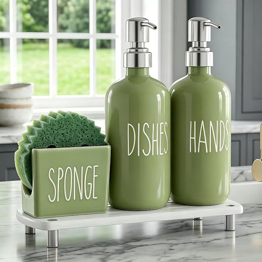 Cisily Kitchen Soap Dispenser Set Comes with Ceramics Sponge Holder, Silver Pumps, and Instant Dry Tray, Hand and Dish Soap Dispenser Set, Kitchen Sink Olive Green Decor