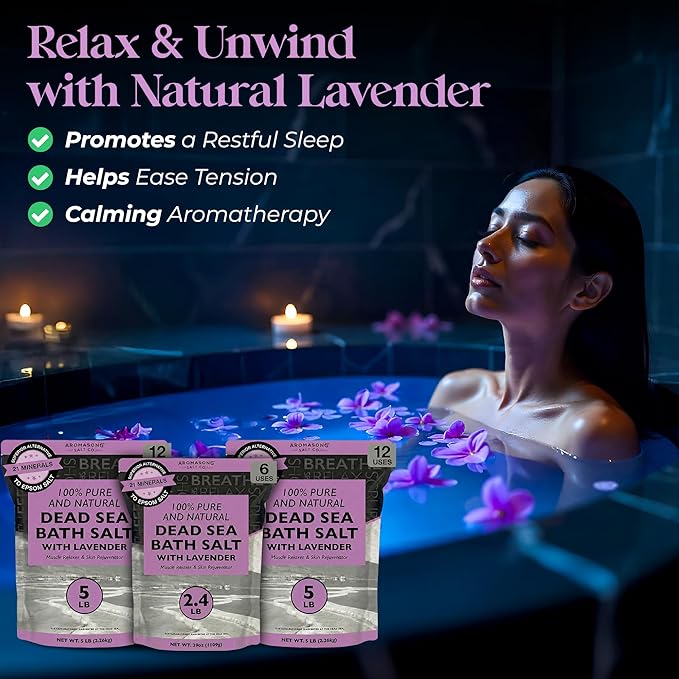 Aromasong Pure Dead Sea Salt for Soaking with 100% Natural Lavender, 19 LB - Spa Bath Salt Fine Grain - Body Wash Scrub - Soak for Women & Men- Bulk Resealable Pack