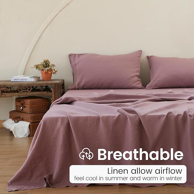 100% French Linen Pillowcases with Embroidery - Pack of 2 - Washed Solid Color Natural Flax Soft Breathable - Purple, 20'' x 40''