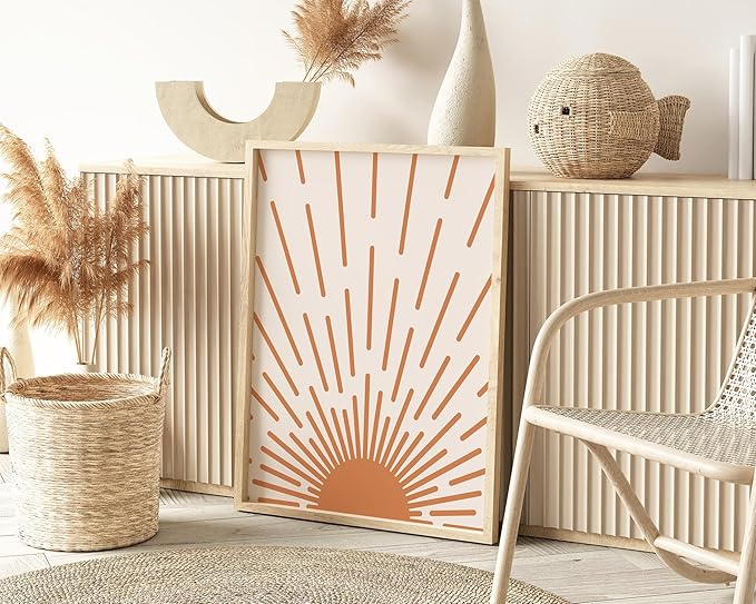 Minimalist Sunburst Wall Art Abstract Geometric Arch Earth Tones Terracotta Mid Century Modern 24x36 Inch Oak Wood Beige Framed Boho Sunrise Print for Bedroom Living Room Decor