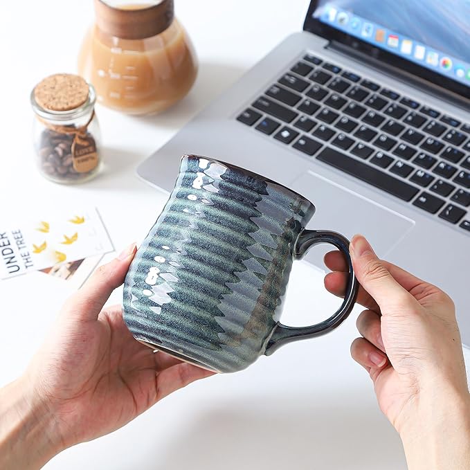 23 oz Large Ceramic Coffee Mugs, Handmade Cup with Large Handle, Big Tea and Coffee Cups for Office and Home, Microwave and Dishwasher Safe (Blue Green)