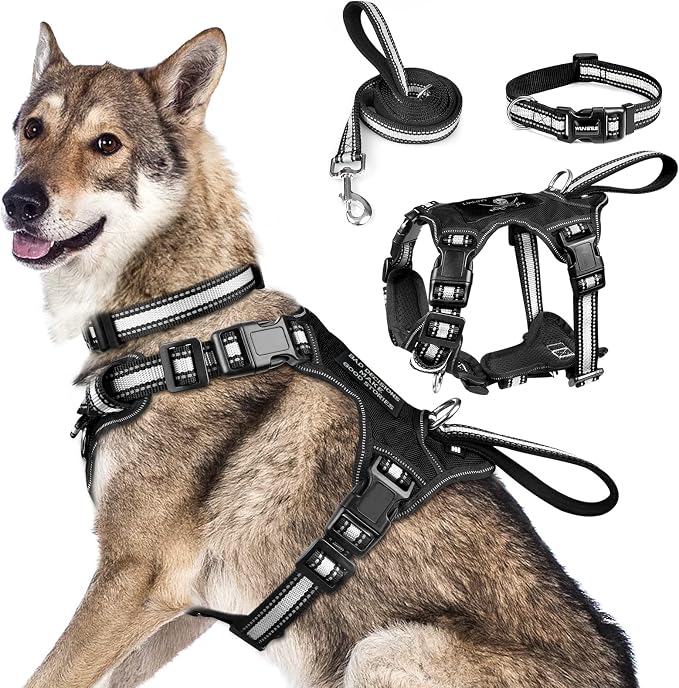 WINSEE Pet Harness Collar and Leash Set, All-in-one Reflective Dog Harness No Pull with Adjustable Buckles for Puppies, Small, Medium, Large, and Extra-Large Dogs (X-Large, Black)