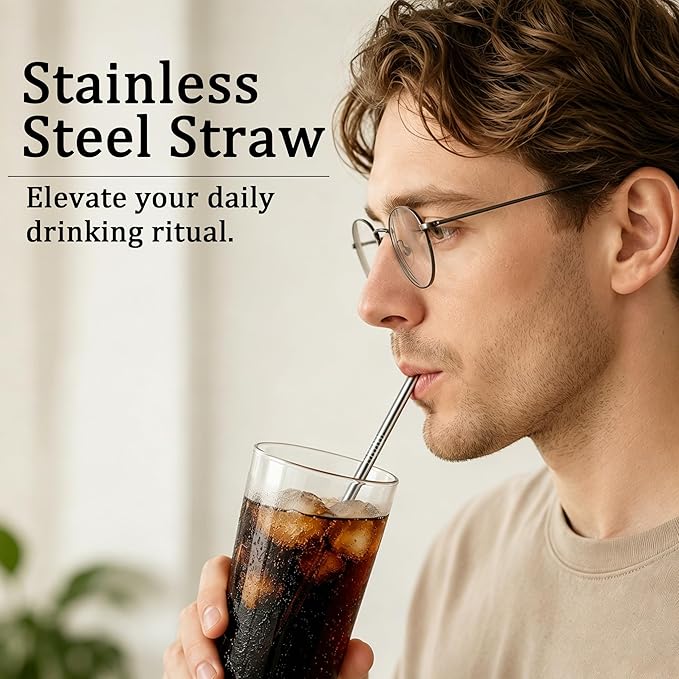16 Pack Reusable Stainless Steel Metal Straws: 4 Straight 8.5" + 4 Bent 8.5" + 4 Straight 10.5" + 4 Bent 10.5", with 4 Cleaning Brushes, Dishwasher Safe for 20 24 30 oz Tumblers