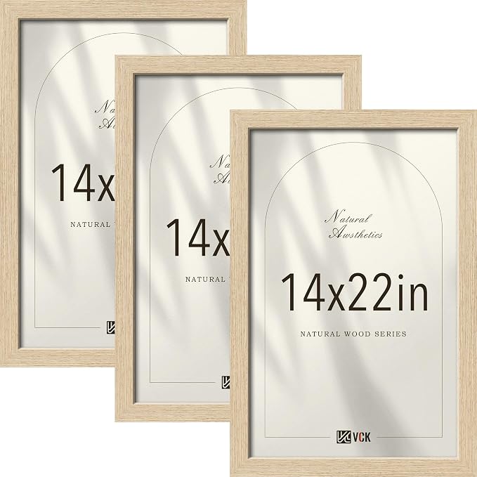 VCK 14x22 Picture Frame 3 Pack - Natural Oak Solid Wood Poster Frames, Textured Exclusive Wood Wall Gallery Frame