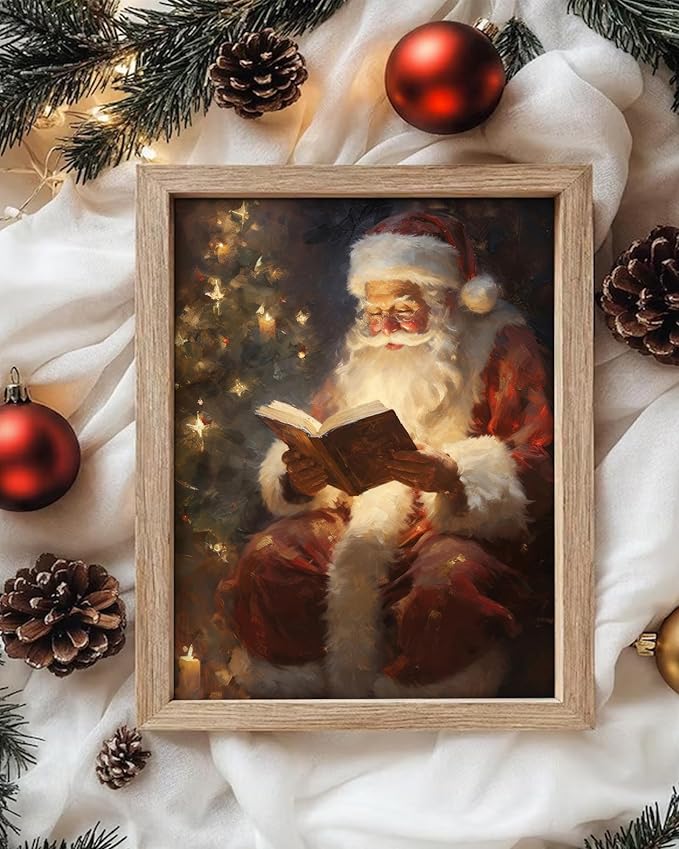 Vodefoad Vintage Christmas Claus Wall Art Santa Claus Reading Book Xmas Oil Canvas Prints Cottagecore Decor Academia Xmas Decor Winter Print for Holiday Christmas Dec - 8x10Inch Unframe