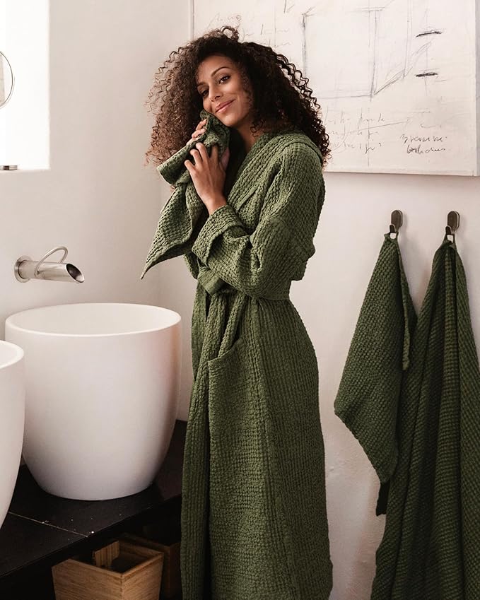 Magic Linen - Unisex Waffle Bathrobe, Hooded Linen-cotton Blend Bath Robe, Lightweight Robe for Women and Men