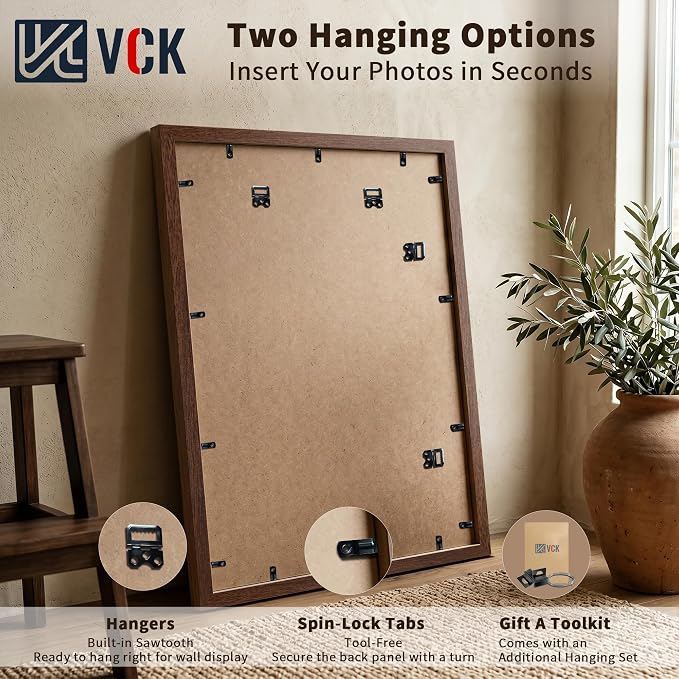 VCK 16x20 Picture Frames Brown - 3 Pack, Wide Border Wood, Tempered Glass, Display 12x16 Photo with Mat or 16 x 20 Without, for Home, Office, Gallery, Woodgrain Series, Wall Hanging