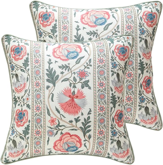 ISAENNE Design Square Retro Elegance Linen Throw Pillow Covers 18"x18" Pack of 2, Green Pink Floral Pattern Cushion Covers Decor Pillowcases for Bed,Living Room,Outdoor,Car