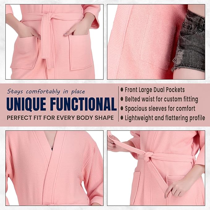 ALLEN & MATE 100% Cotton Women's Short Robe Dual Fabric Waffle Outside & Terry Towel Inside Kimono Bathrobe Medium Weight
