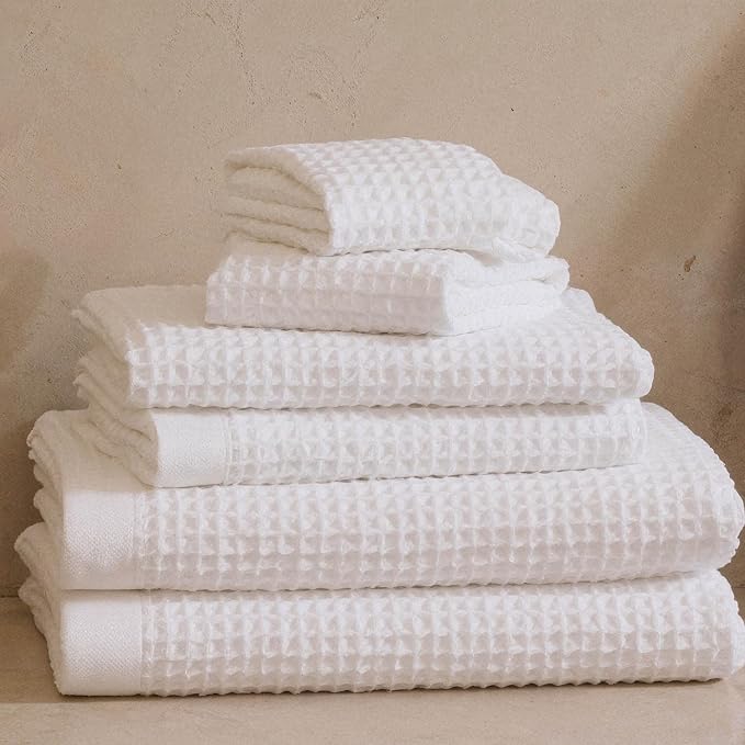 Italic Sedona Luxe Waffle Towel Set, 410 GSM 6-Piece 100% Cotton Set with 2 Bath Sheets, 2 Hand Towels & 2 Washcloths, Spa-Quality, White