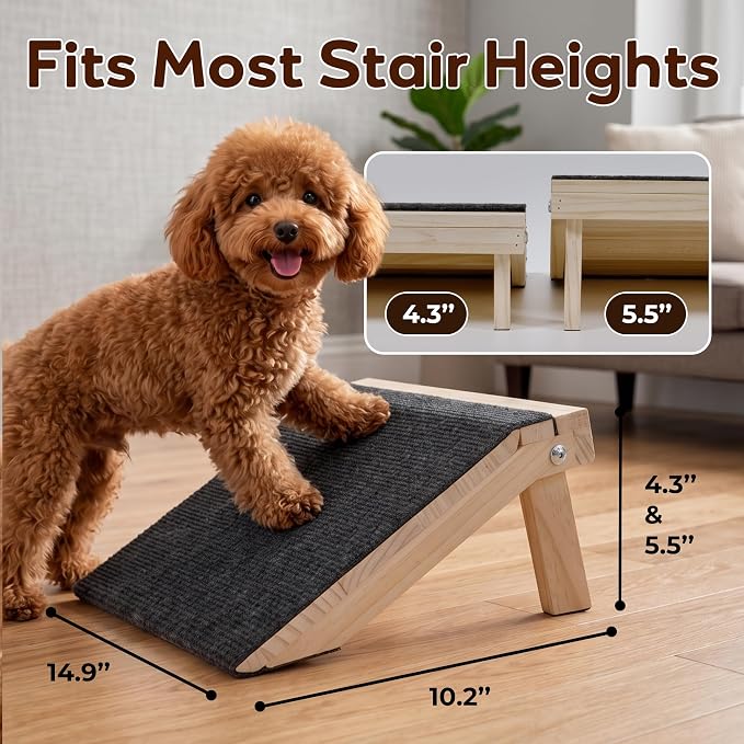 Adjustable Height Dog Ramp for Stairs (11cm/14cm), 3-Pack Solid Wood Pet Stair Ramp with High Traction Carpet, Indoor Dog Step for Small Breeds, Senior Dogs & Cats
