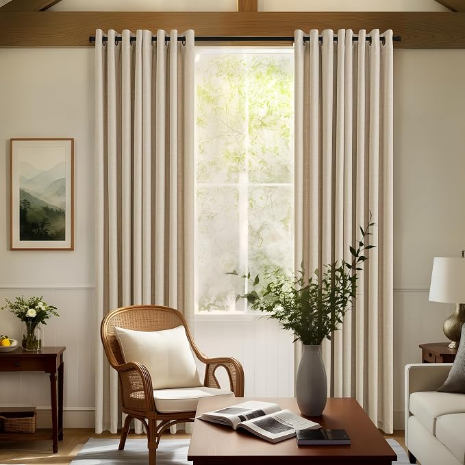 Beige Linen Curtains 100 Inch Long for Living Room Flax Linen Semi Sheer Light Filtering Privacy Bronze Grommet Drapes Elegant Boho Farmhouse Window Curtains for Bedroom Warm Beige 52x100