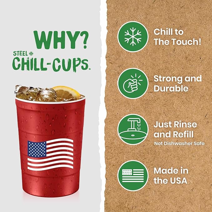 Steel Chill Cups 16 oz. Party Cups Flag Design for Cold Drinks, Sturdy and Durable, Disposable, Recyclable, Made in USA, Patriotic, Red, 12 Count
