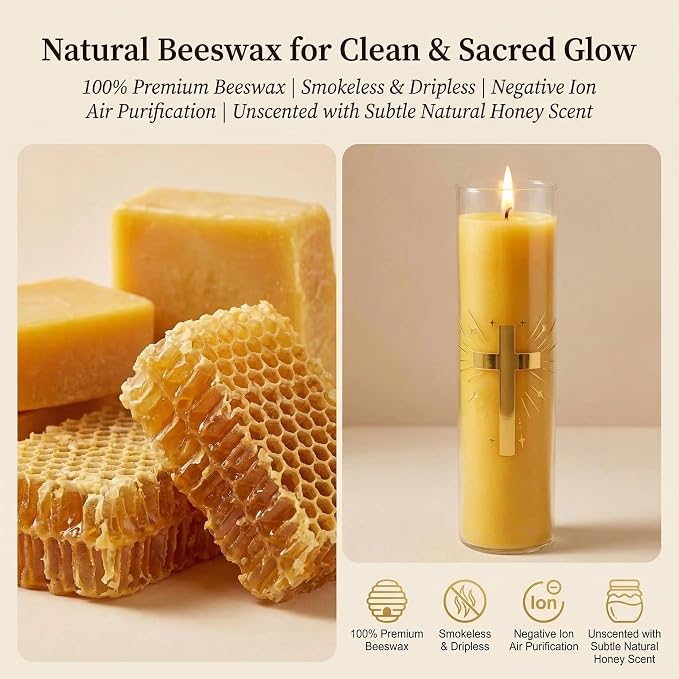 Beeswax Pillar Candles in Glass Jar,3-Pack 128H Burn,Yellow Unscented Prayer Candle
