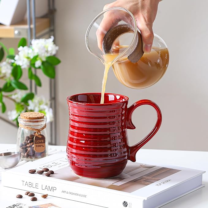 21 oz Large Ceramic Coffee Mugs, Handmade Cup with Large Handle, Big Tea and Coffee Cups for Office and Home, Microwave and Dishwasher Safe (Red)
