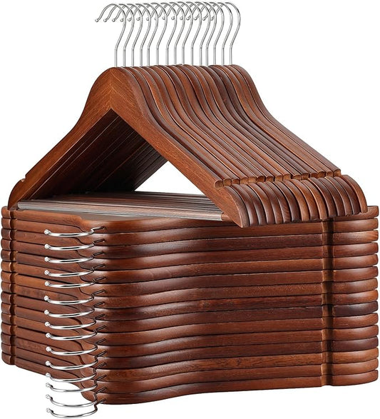 TOPIA HANGER Walnut Wooden Hangers 30 Pack, Wood Clothes Hangers, Durable Coat Hanger with 360-Degree Rotatable Hook, Non-Slip Pants Bar and Shoulder Notches for Camisole Tops - CT34WA30