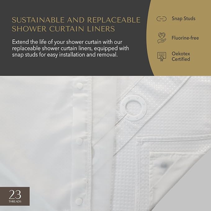 23 THREADS Replaceable Fabric Shower Curtain Liner White Short 70x21 | Water resistant, Sustainable yarns