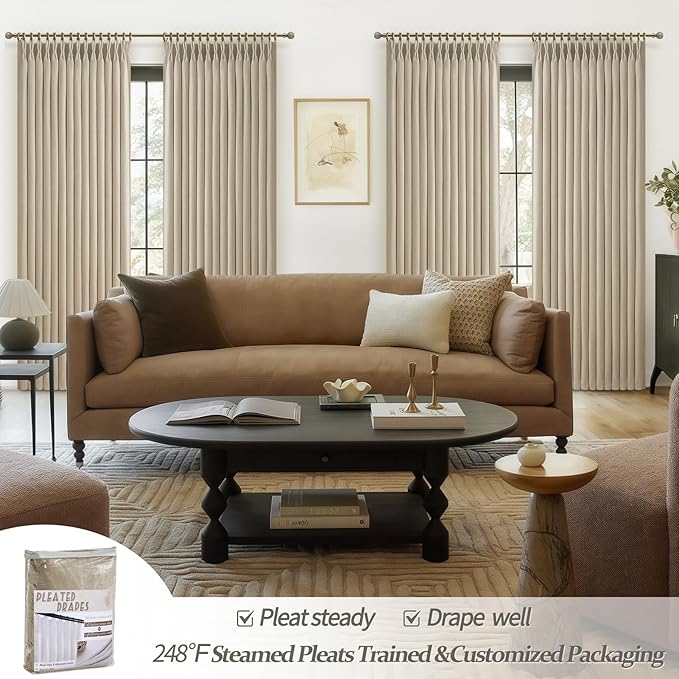 Memory Trained Pinch Pleat Blackout Classroom Curtains 94 Inches Long 2 Panels Set, Natural Linen Dual Layer Insulated Soundproof Farmhouse Window Drapes for Office with Hooks & Rings Energy Efficient