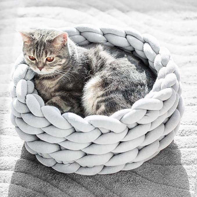 Woven Dog Bed Basket, Knitted Cotton Cat Bed Round Washable Woven Cat Pet Bed Chunky Dog Basket, Orthopedic, Chunky Knit Dog Nest,Dog Bed,Dog Cave,Dog Bedding(Gray,19")