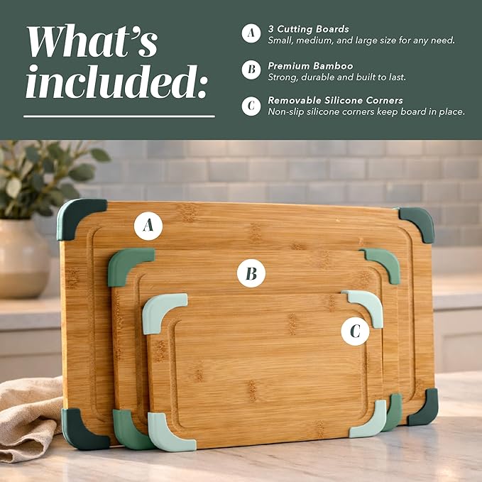 COOK WITH COLOR Non-Slip Cutting Board Set – Kitchen Essentials with Easy Grip Handle for Meat, Veggies, and Fruits, 3 Cutting Boards, Bamboo Non-Slip Green
