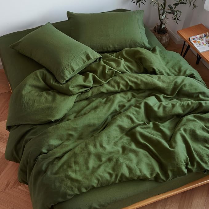 Sijo Stone Washed Organic French Linen Bed Sheet Set, GOTS Certified Organic, Best Cooling Linen Sheet Award by Sleep Foundation, 4 Piece - 2 Pillowcases, 1 Fitted and 1 Flat (Forest, Full)
