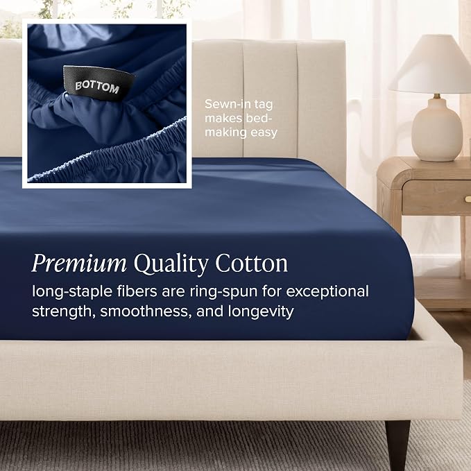 Bare Home 100% Organic Cotton Twin Sheet Set - 400 Thread Count - Smooth Sateen Weave - Breathable & Cooling - Hotel Luxury Set - Deep Pocket Bed Sheets (Twin XL, Dark Blue)