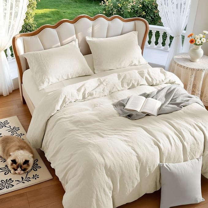 LBRO2M 100% France Linen Duvet Cover Set 3 Pcs Including 1 Flax Comforter Cover with Zipper Closure, 2 Pillowcase, Cozy Duvet Cover California King Size, Beige