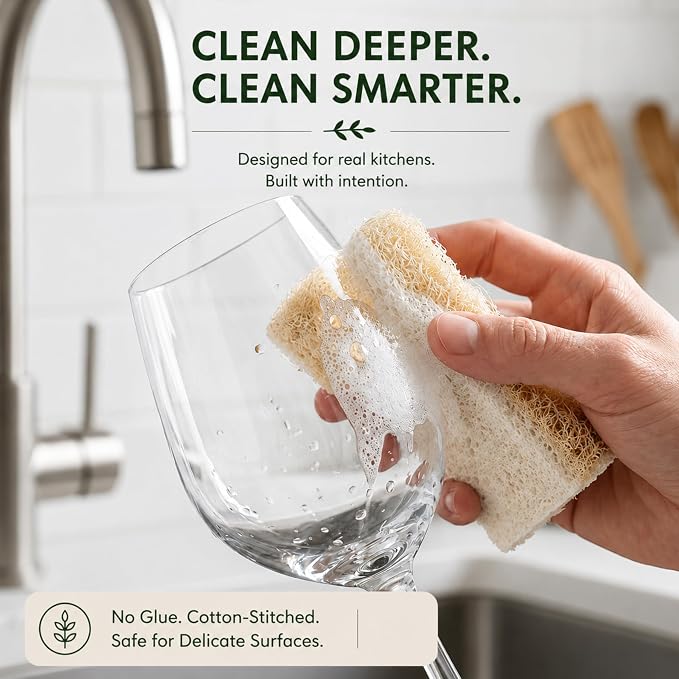Natural Loofah Dish Sponges by Janté Co. (6-Pack) - Kitchen Sponges | Authentic Natural Loofah - Cotton Stitched - No Synthetic Glue - Air Dry Design - FSC Sourced Cellulose