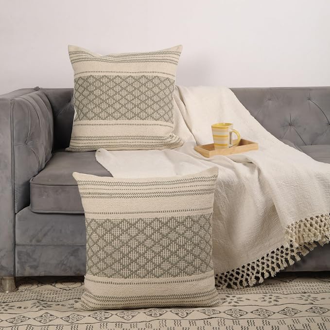 Trade Star Set of 2 Handloomed Pillow Covers Decorative Pillow Cases Throw Cushion Covers Cotton Premium Quality Pillow Shams Farmhouse Decor 18x18 Inches