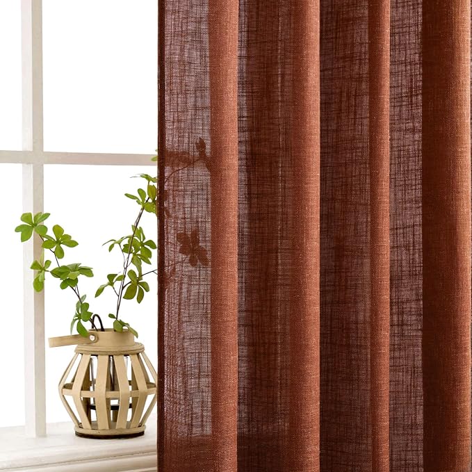 MIULEE Burnt Orange Linen Curtains 54 Inch Length 2 Panels for Bedroom Living Room, Soft Thick Linen Textured Short Window Drapes Semi Sheer Light Filtering Back Tab Burlap Look Fall Decorations