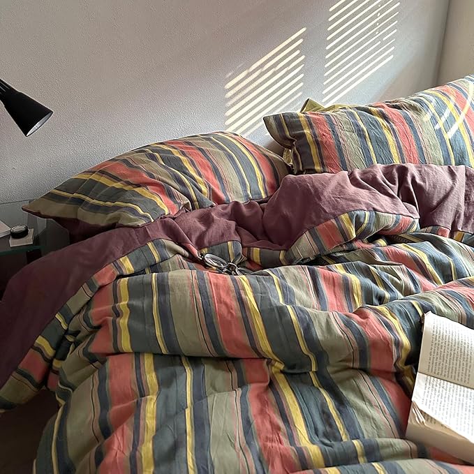 mixinni Vintage Striped Duvet Cover Set Twin XL Size - 3 Piece 100% Washed Cotton Bedding Set, Soft & Breathable,Colorful Striped Pattern Printed Comforter Cover for All Seasons