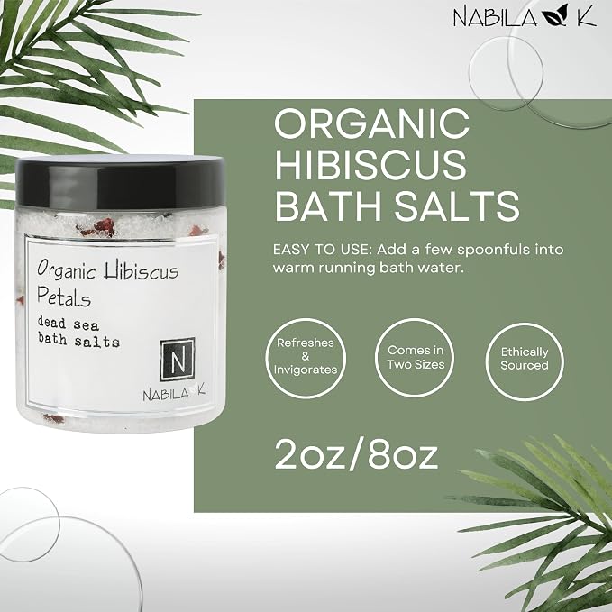Organic Hibiscus Petals Bath Salts for Women & Men - Dead Sea Salt & Epsom Salt Soak and Scrub - Hibiscus Extract & Natural AHA, Cruelty-Free, Sulfate-Free | Travel Size, 2 oz | Nabila K
