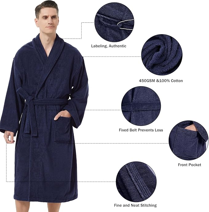 Men's Robe,Pure Cotton Robe for Men,Absorbent Bathrobe,Luxurious Terry Cloth Bathrobe with Shawl Collar
