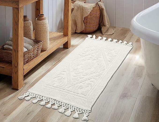COTTON CRAFT Woven Area Rug - 2 Pack Cotton Jacquard Textured Rug - Boho Farmhouse Rustic Throw Rug with Fringe - Machine Washable Accent Mat for Bedroom Living Room Entryway Nursery - 20x32 - White