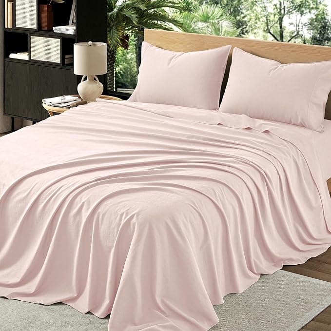 4Pcs Organic Linen Sheets Full Size, 100% French Linen from Normandy, Breathable Pink Full Sheet Set with 16 Inch Deep Pocket, 1 Flat Sheet, 1 Fitted Sheet, 2 Pillowcases