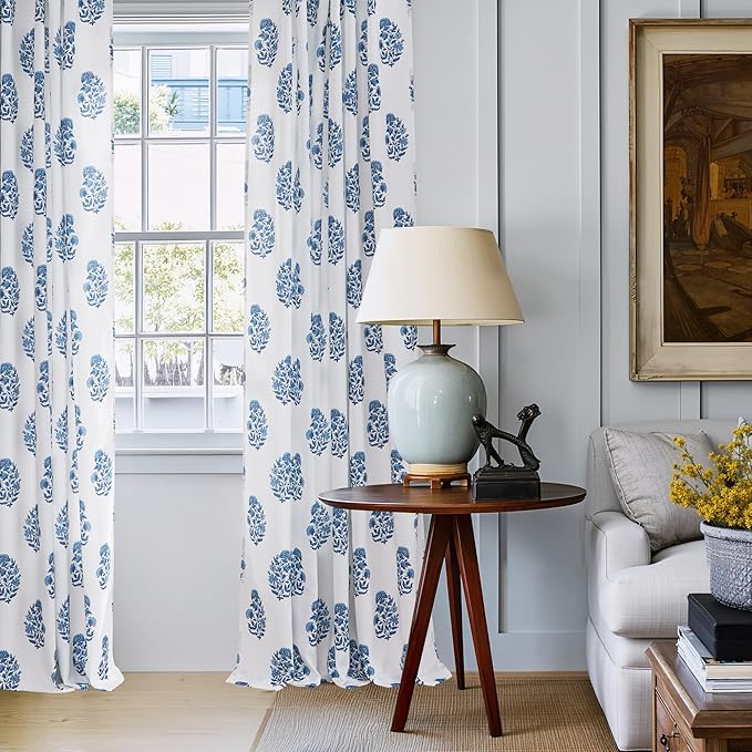 NICETOWN Blue Floral Linen Curtains 84 inches Long Pattern Printed for Girls Bedroom Nursery, Boho Farmhouse Window Sheer Curtain Drapes Aesthetic Light Filtering Privacy 2 Panel Sets, 55" W