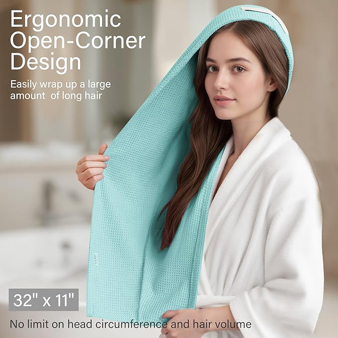 ROLSHOL 2 Pack Microfiber Hair Towel Wrap for Women, 32" x 11" Waffle Weave Hair Plopping Towel for Curly, Long & Thick Hair, Anti-Frizz Hair Turbans for Wet Hair (Gray,Cyan Blue)